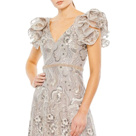 $598 Mac Duggal 68262 Size 14 Embellished Ruffled V-Neck A-Line Midi Gown Dress - Picture 3 of 8